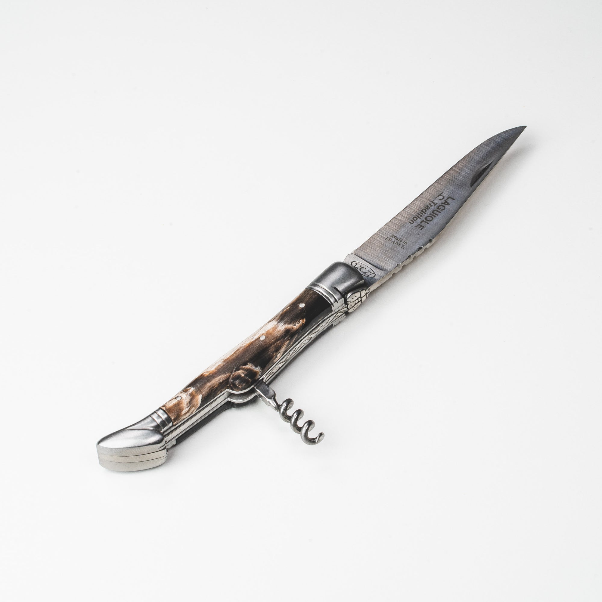 Lommekniv med proptrækker Sort horn - 2 stålkraver, 11 cm