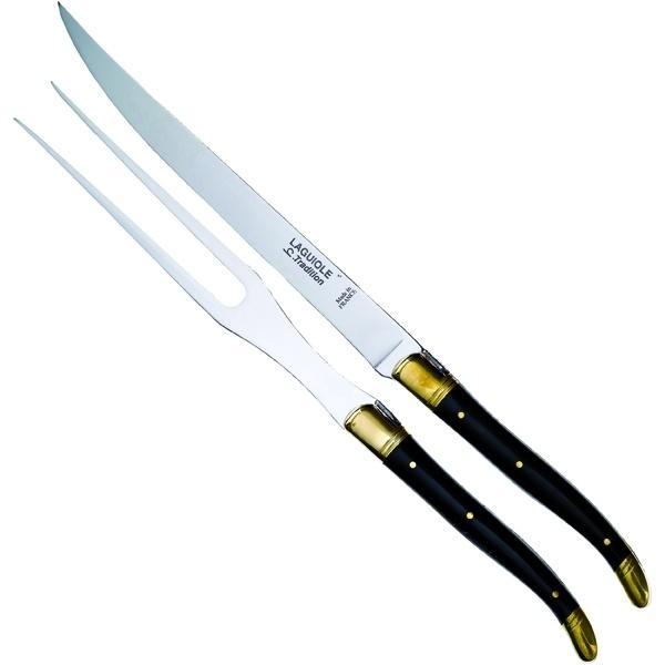 Laguiole Tradition forskærersæt i Sort horn med 2 messingkraver