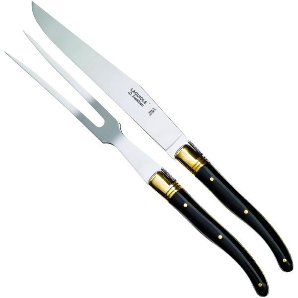 Laguiole Tradition forskærersæt i Sort horn med 1 messingkrave
