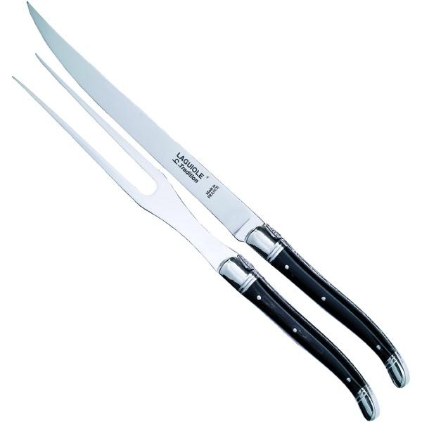 Laguiole Tradition forskærersæt i Sort horn med 2 stålkraver